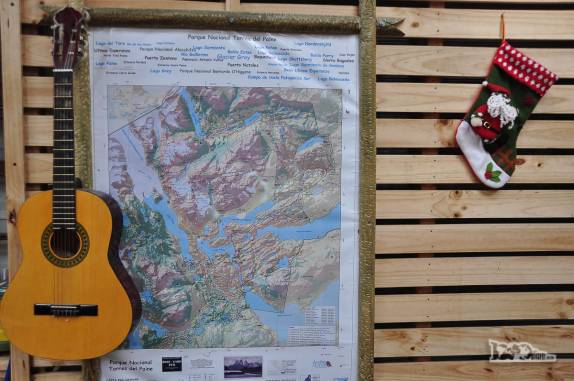 Decoração do refúgio Los Cuernos no parque nacional Torres del Paine, no sul do Chile